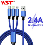 WST 3 in 1 USB Cable For iPhone Micro USB Type C 2.4A USB C Cable For Mobile Phone Charger Micro USB Cord Type-c Charging Cables